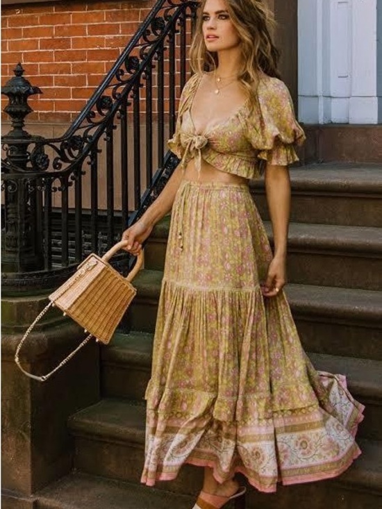 Spell Dresses & Skirts - Spell Two-Piece Floral Tiered Maxi Skirt Set in Dahlia green w gold